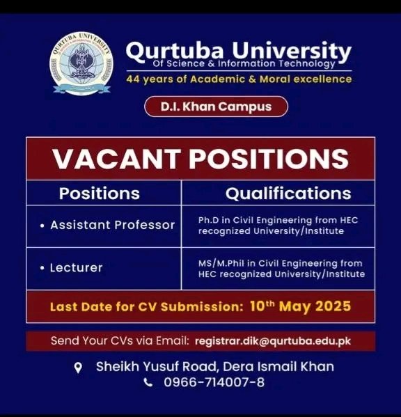 Civil Engineering Teaching Jobs 2025 β Assistant Professor & Lecturer Vacancies at Qurtuba University Dera Ismail Khan
