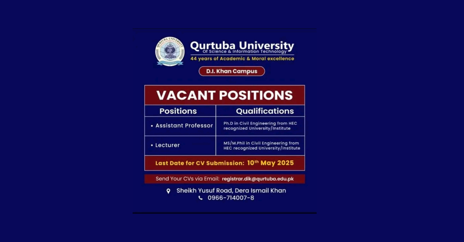 Assistant Professor & Lecturer (Civil Engineering) – Qurtuba University Dera Ismail Khan – Latest Teaching Jobs 2025